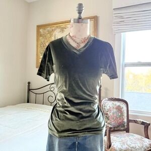 90s dark olive‎ velvet v neck short sleeve top Road Rags size medium